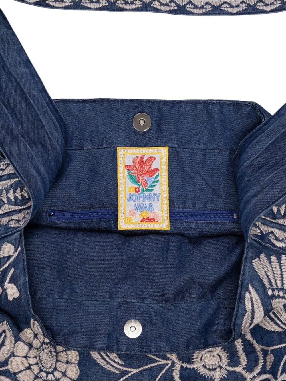NWT Johnny Was Denim Embroidered Lucinda Wide Strap Slouchy Hobo Tote Bag $268
